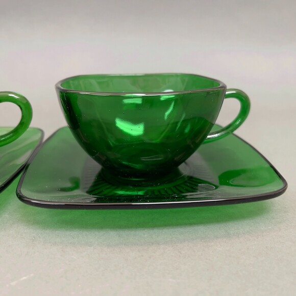 Fire King Anchor Hocking Square Cup & Saucers Charm Forest Green Glass Lot of 8 - Picture 6 of 9
